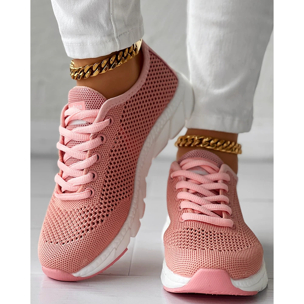 Women Hollow Out Breathable Mesh Lace-up Sneakers Daily Casual Round Toe Sports Shoes Spring Sneakers Going Out Pink Flats Shoes