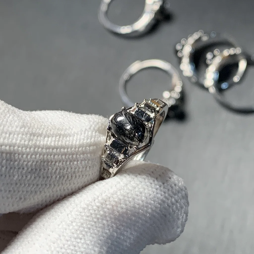 MM Natural Black Rutilated Quartz Ring Adjustable Female Jewelry for Women Gift Wholesale High Quality Vintage Fine