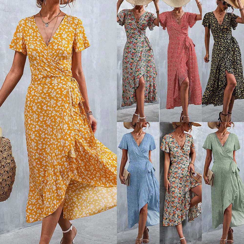 

Women's Floral Print Maxi Dress, Boho Long Chiffon Dress, Ruffles Wrap, V-Neck, Split Sexy Party Dress, Summer Beach Dress, New