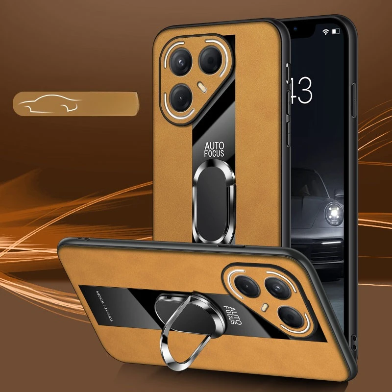 PU Leather Magnetic Ring Holder Case - Sheepskin Shockproof Protection Cover with Bracket