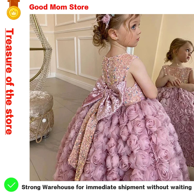 

2023 New Arrival Girls Pink Sweet Princess Dress Baby Kids Big Bow Birthday Party Clothing Child Wedding Dress Teen Retro Dress