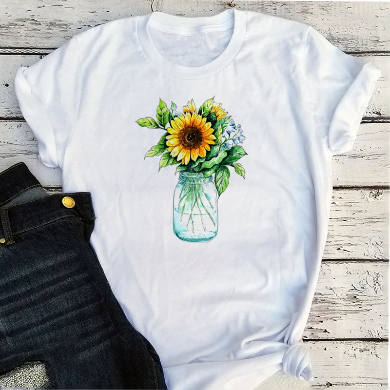 

Sunflower Tshirt Flower Vase Fashion Clothing O-Neck Sunflower Harajuku Graphic Tee Kawaii Vintage Graphic Tees Women Summer