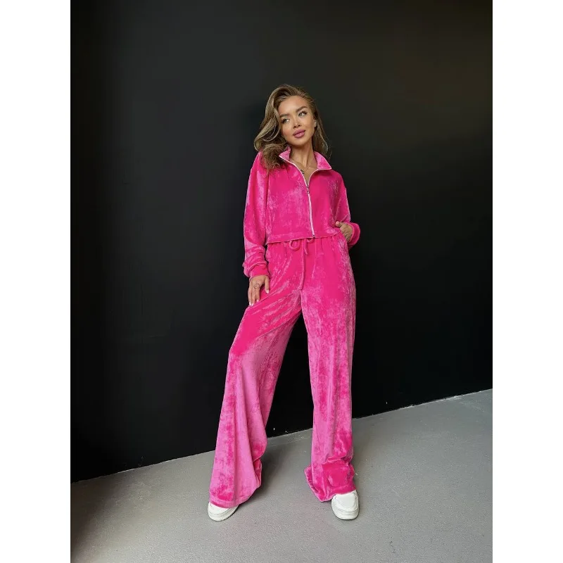 

Elastic Waist Wide Leg Trousers Velvet Casual Y2K Autumn Outwear Trosuers Long Sleeve Zipper Coat Women Two-Piece Suit
