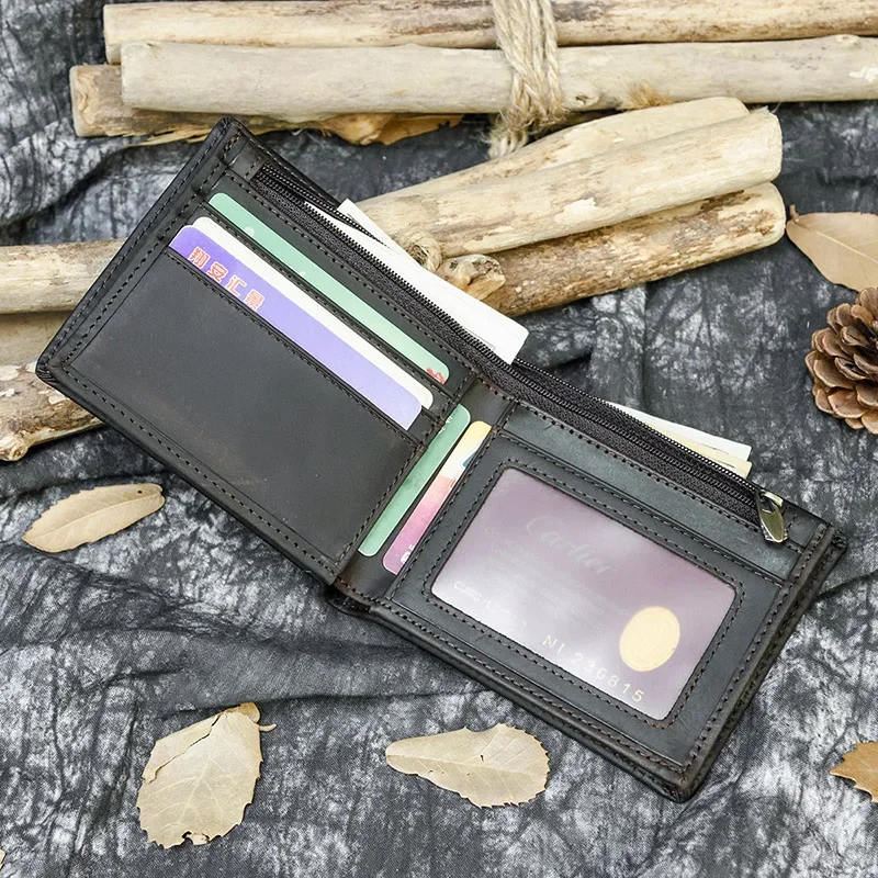 

Men's Genuine leather wallet with coin pocket Crazy horse Leather Bifold pocket wallet cowhide Short purse with zipper pocket