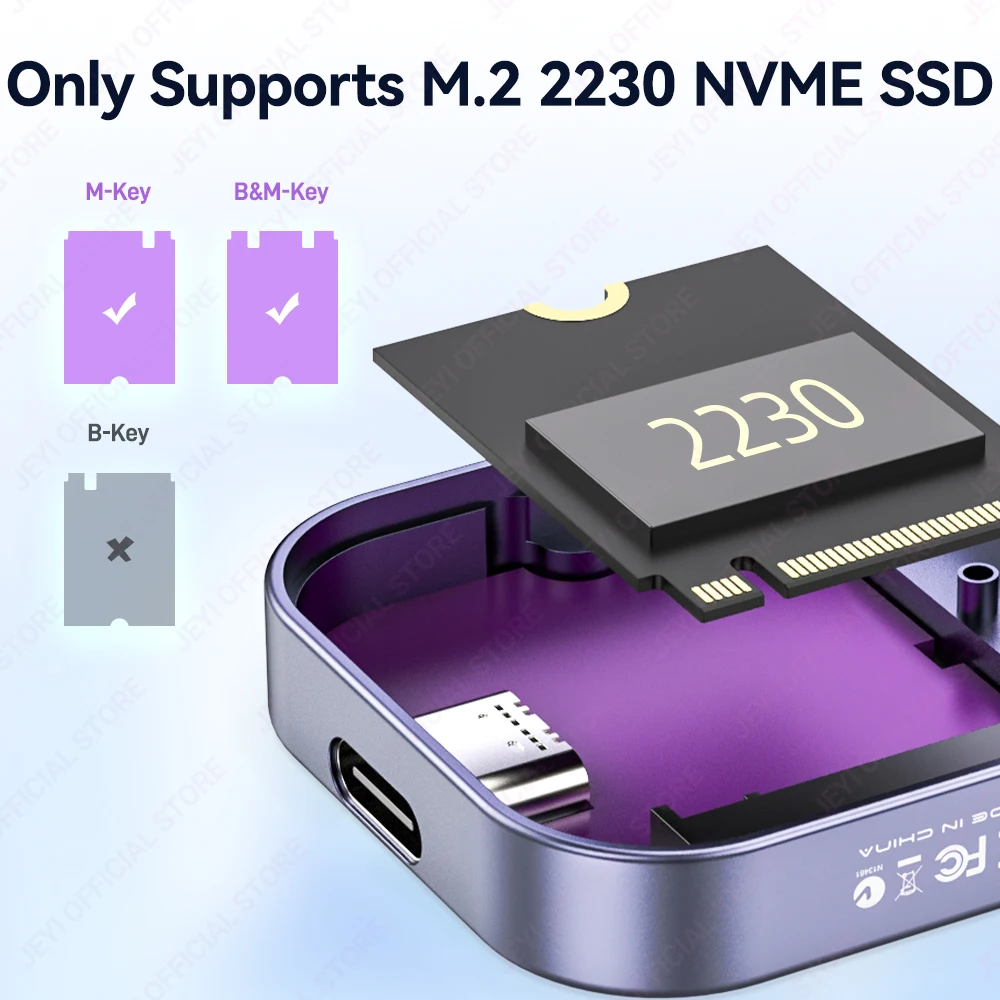 JEYI NVMe M.2 2230 SSD 인클로저(RTL9210)USB 3.2 10Gbps 외장 하드 드라이브 케이스 NVMe PCIe SSD 휴대용용 4TB 지원