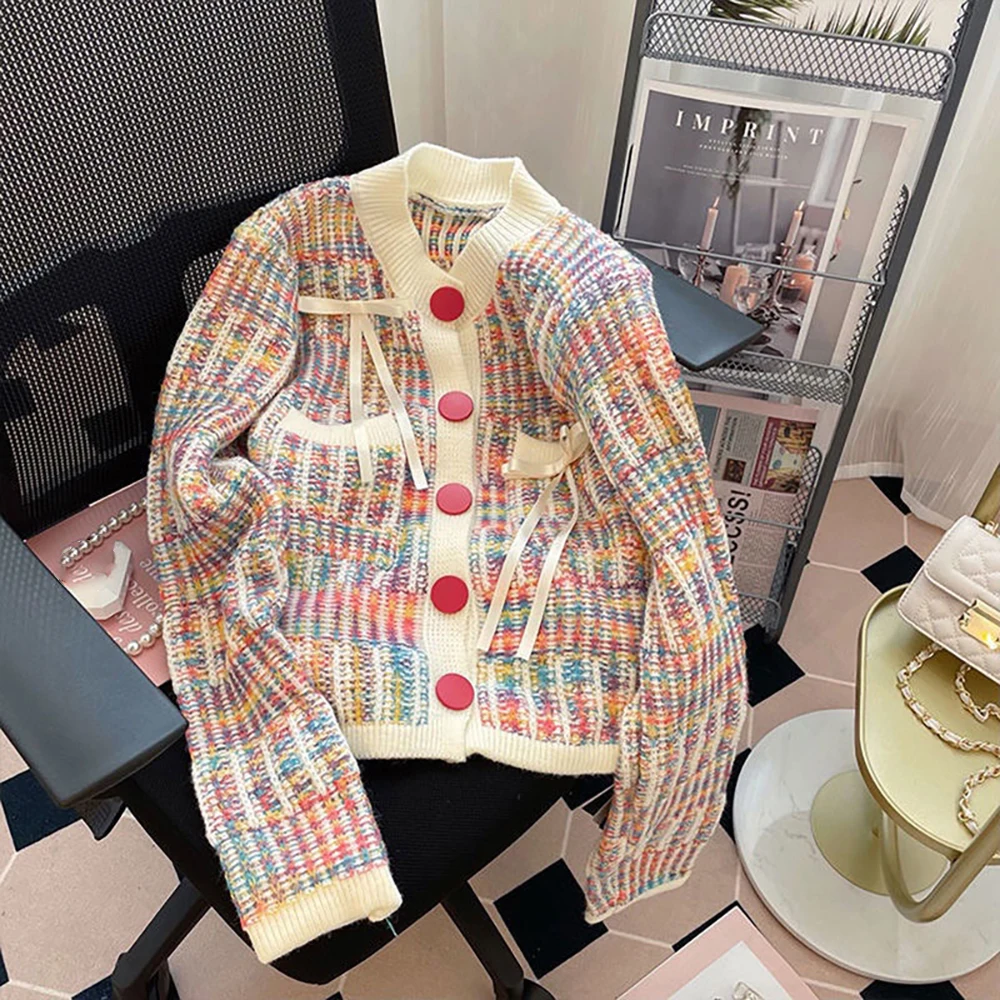 

Women Coloured Knit Sweater Spring Autumn Fashion Rainbow Striped Knitted Cardigans Y2K Bow Tops Female Sweaters Jackets