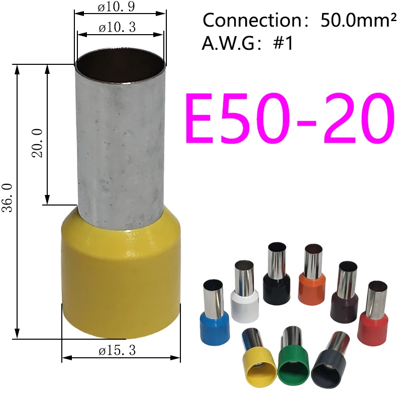 Conector do Fio Elétrico Isolados Ferrules Cobre Puro Crimping Terminal Block Cord End 1awg 50 mm ² E5020 100 Pcs por Bolsa