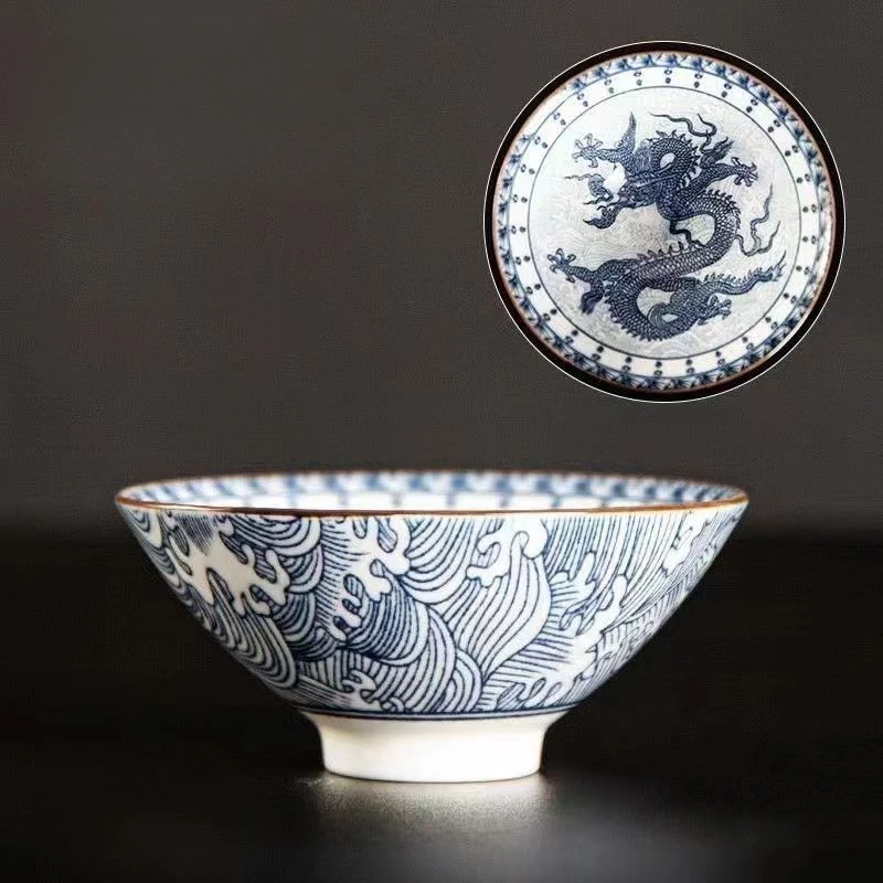 Handcrafted Blue & White Porcelain Teacup - Dragon, Phoenix, and Pavilion Design