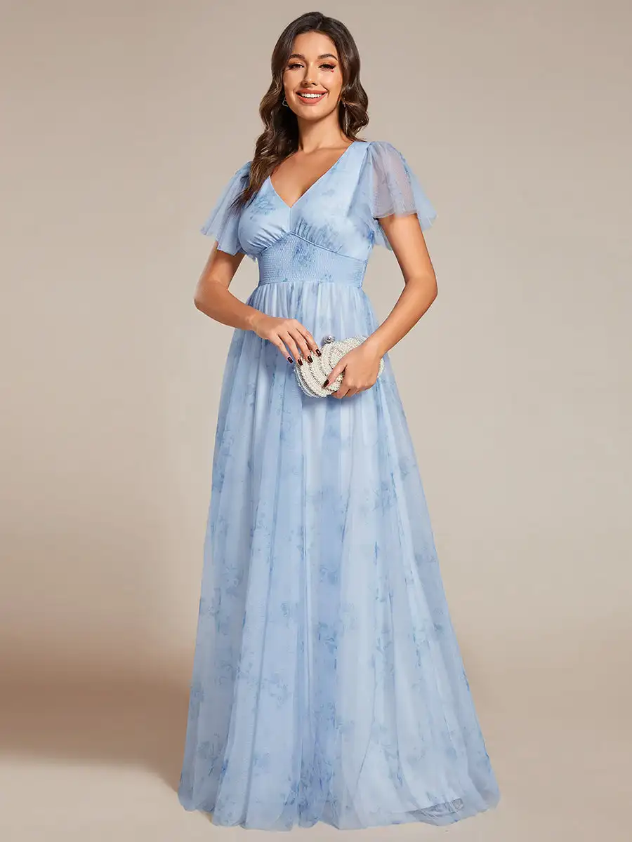 

Elegant Evening Dresses Floral Tulle Deep V-Neck Short Sleeve 2024 Ever Pretty of Printing Ice blue Bridesmaid Dress