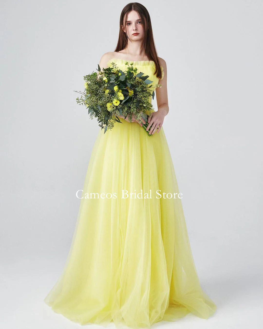 

SONDR Custom Made Tulle Wedding Dresses Sleeveless Strapless Korea Yellow Zipped Brides Gowns A-Line Women Bridal Dresses