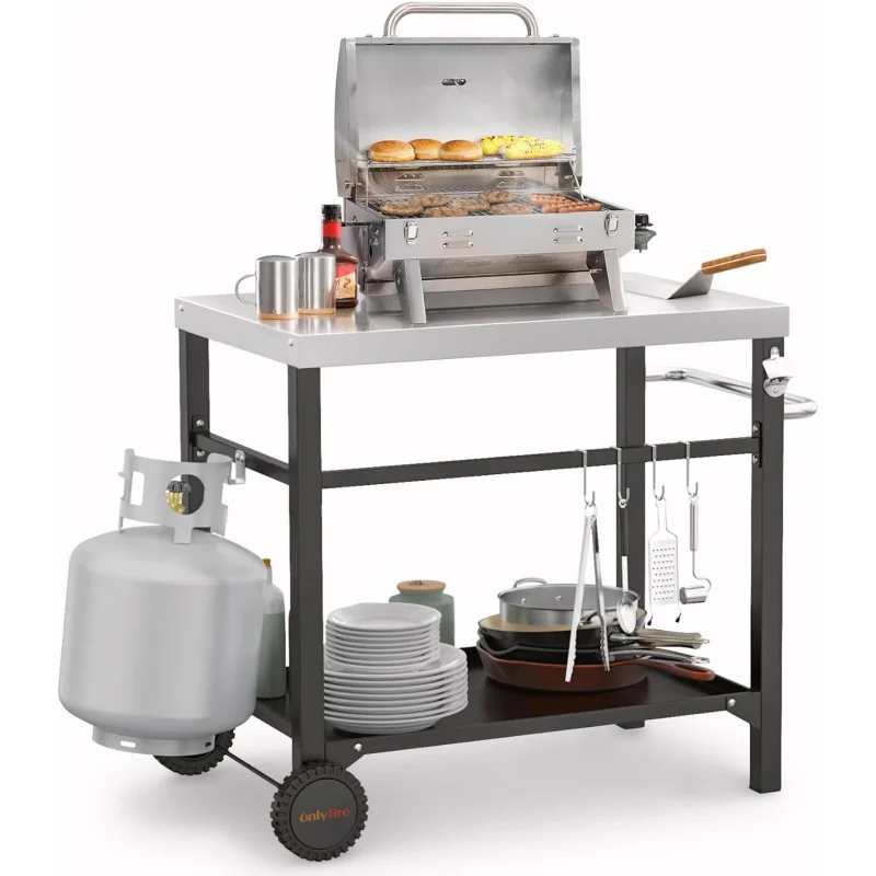 

only fire Stainless Steel Movable Dining Cart Table, Pizza Oven Table, Multifunctional Utility Cart with Wheels for Outdoors, Ki