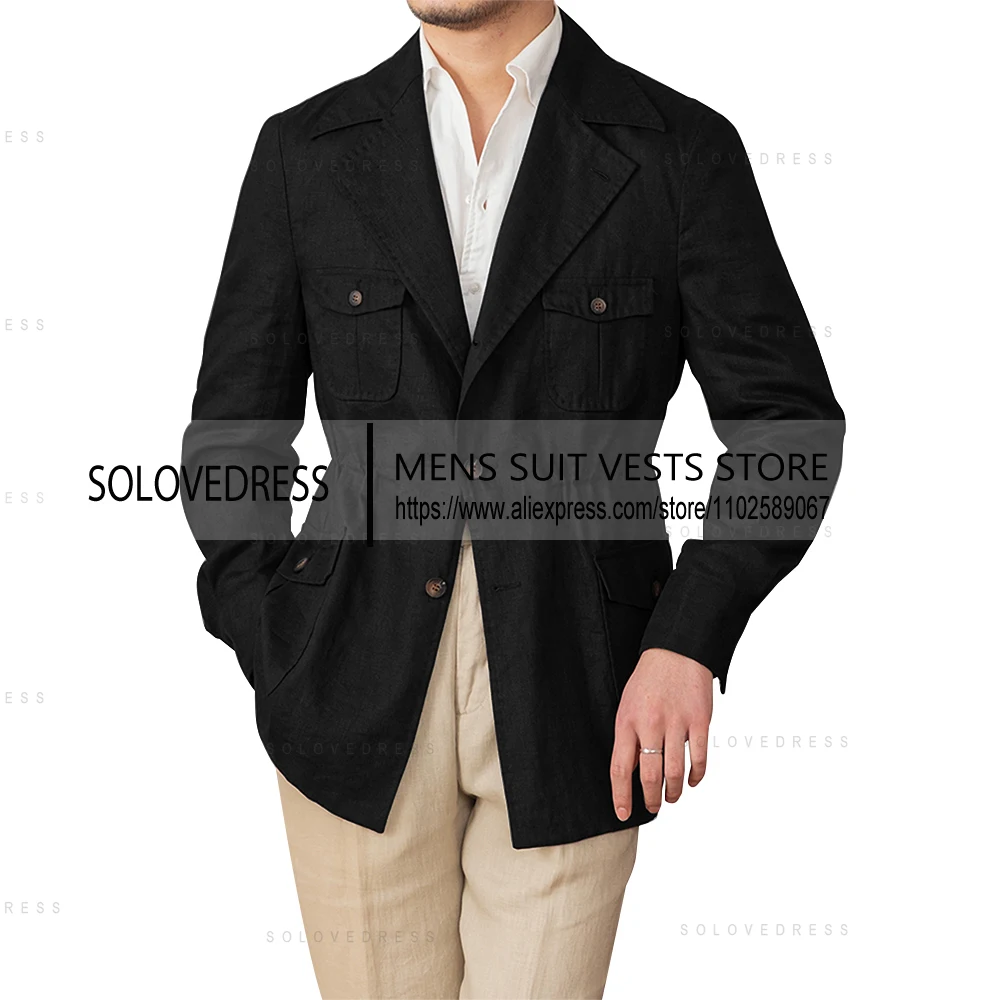Veste en lin simple boutonnage col à revers coupe ajustée lin costumes pour hommes