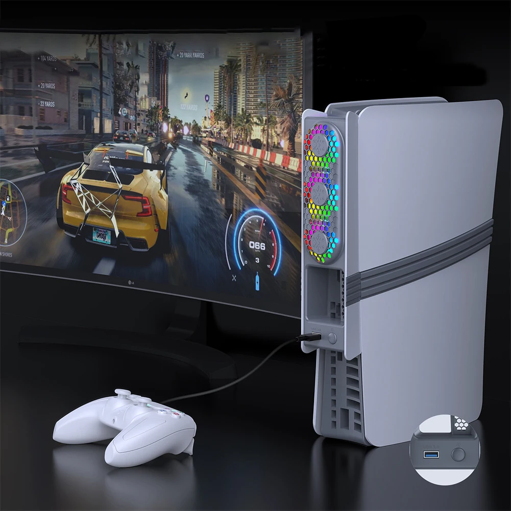 PS5 Pro/PS5 Slim Cooling Fan External Fan Cooler with USB Port & RGB Light for Playstation 5 Pro/Slim Disc & Digital Edition