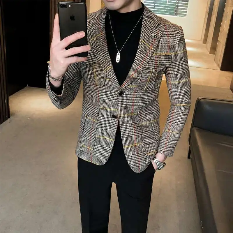 Vintage Plaid Blazer British Stylish Male Blazer Suit Jacket Business Casual Jacket Terno Masculino Mens Pattern