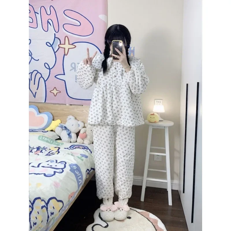 2023 New King-size Lilac Dolls Fleece Sleepwear Collar Thick Pajamas Loungewear Sets Loose Warm Nightwear Homewear Women