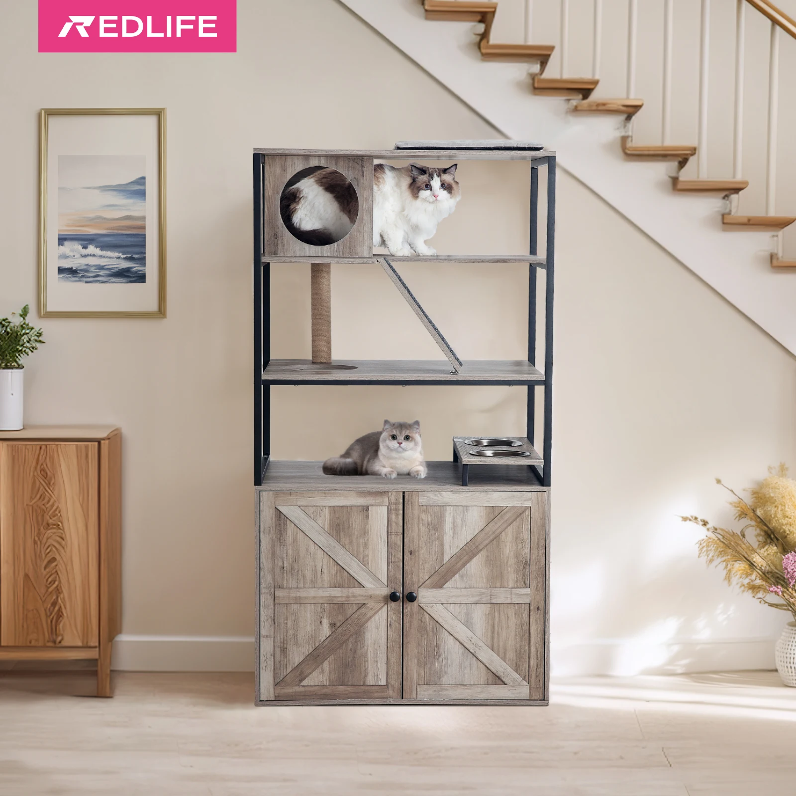 Redlife-Cat Litter Box Enclosure Multifunctional Cat Tree Hidden Furniture Cabinet w/ Storage and Scratch Cat Condo 4 Levels