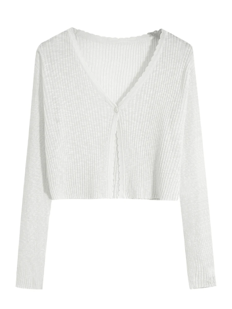 Women Cardigans Long Sleeve Knitted Outerwear Solid Thin Spring Short Sweaters V-neck Knitwears Korean Fashion Cardigans 2026 - 2