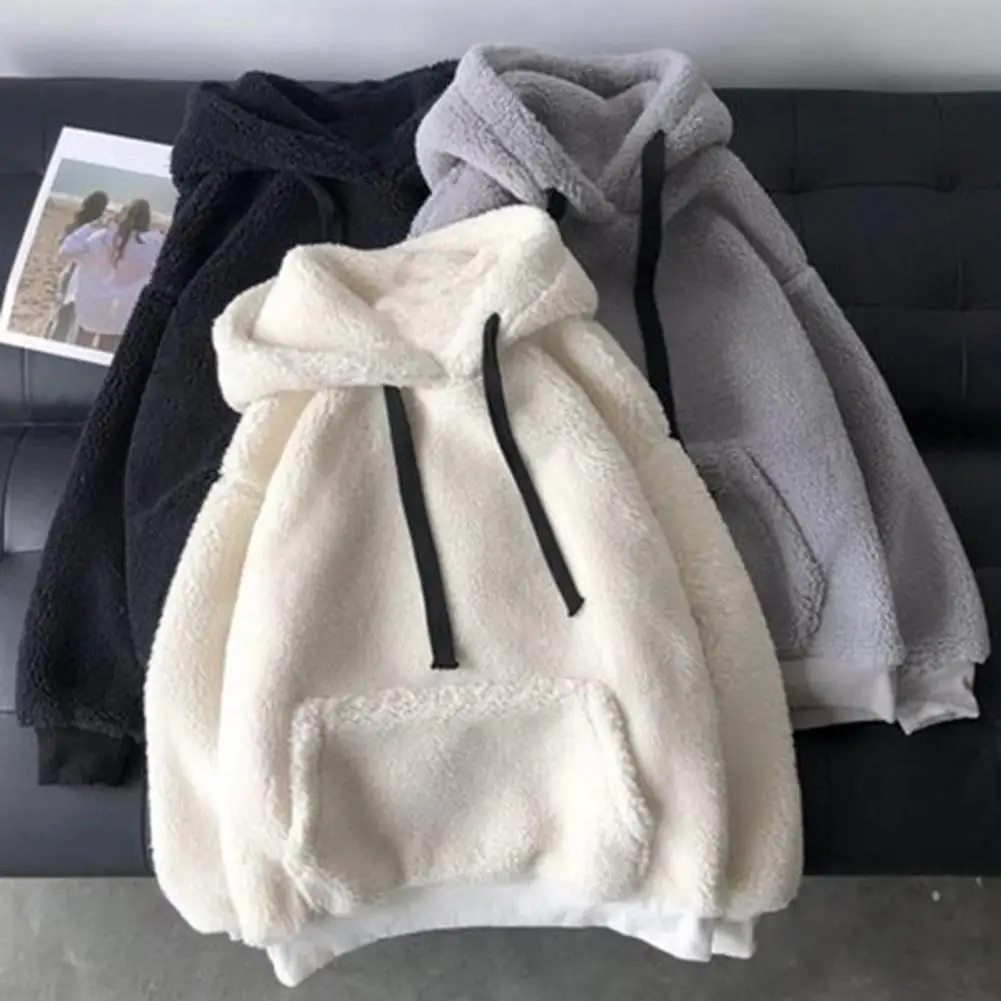 Women Hoodie Solid Color Long Sleeves Autumn Hoodie Plush Drawstring Patch Pocket Pullover Thermal Oversized Hoodie For Daily