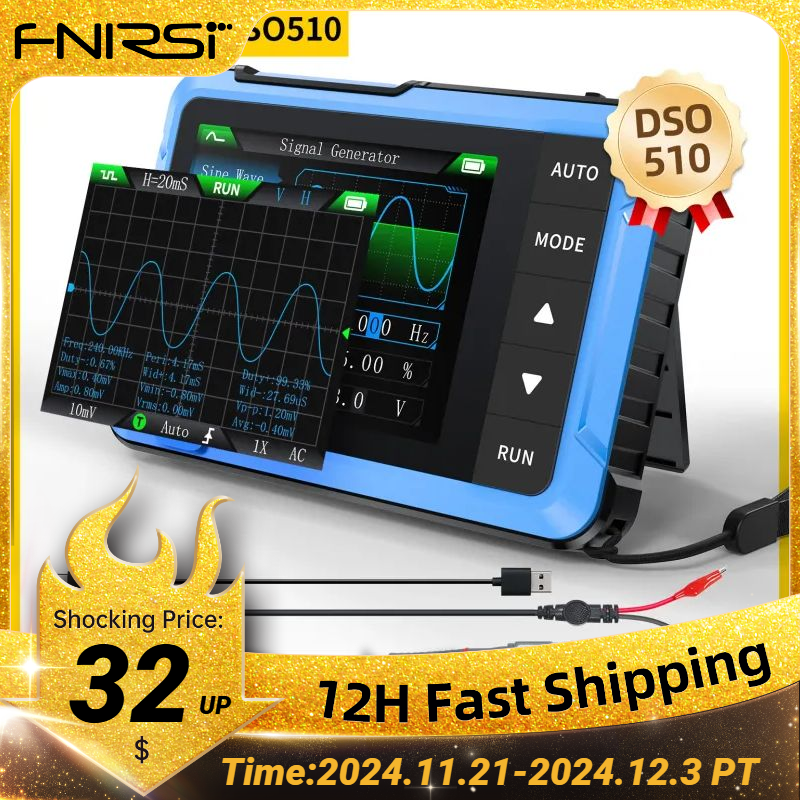 FNIRSI DSO510 New 10MHz Mini Handheld Digital 2in1 Oscilloscope Signal Generator 48MS/s Sampling Rate Electronics Reparie Tools