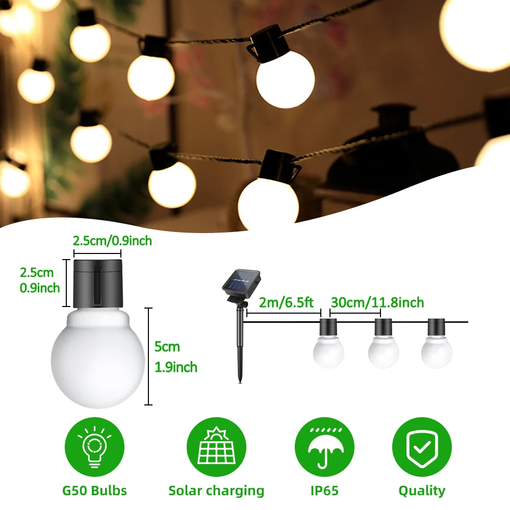 G50 Patio Solar String Lights Outdoor, Warm/ Colorful Globe Bulb LED Fairy Garland Lamp for Wedding, Christmas, Backyard, Party 4