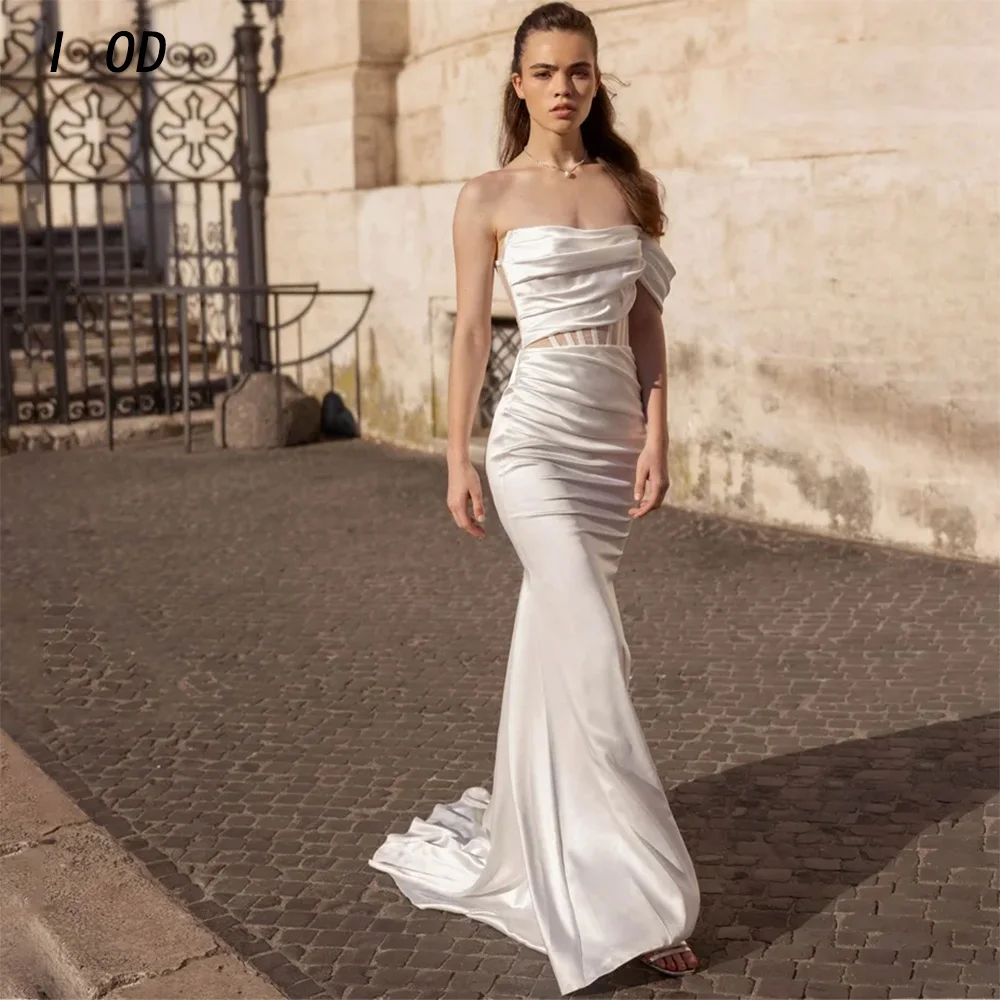 

I OD Simple Strapless Mermaid Wedding Dress One Shoulder Lace Up Back Illusion Bridal Gown Floor Length vestidos de novia New