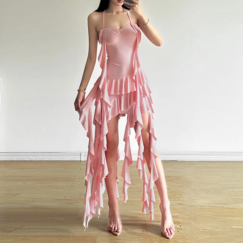 

Skinny Ruffled Mini Dresses Summer Women's Dress 2024 New Solid Sexy Backless Lace up Irregular Hem High Waist Mini SLing Dress