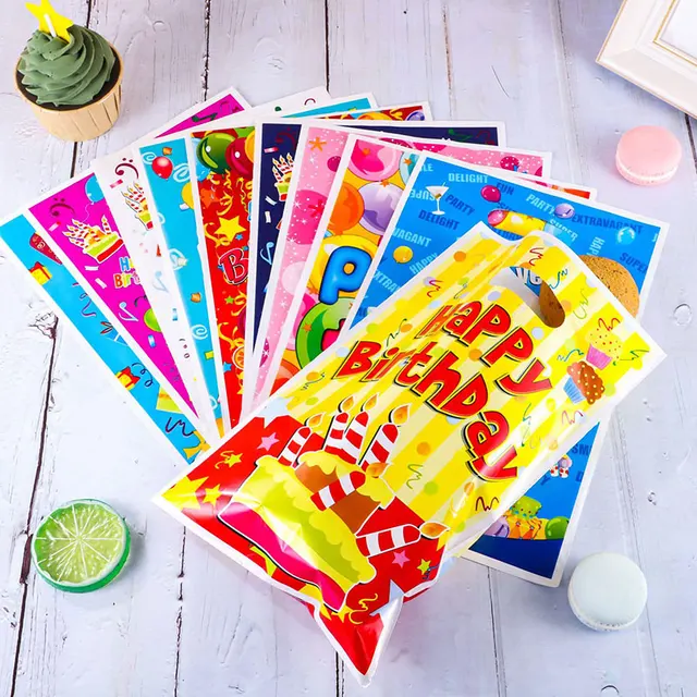 20 pièces en plastique coloré joyeux anniversaire cadeau emballage sac bonbons Cookie fourre-tout sacs pour anniversaire bébé douche fête faveur sacs 5