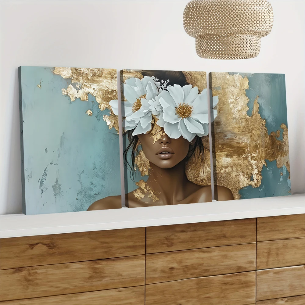 Set di 3 Quadri Decorativi Moderni Astratti su Tela, Texture Sfumata Blu-Grigio Dorata di Lusso, per Soggiorno e Ingresso - immagine 2