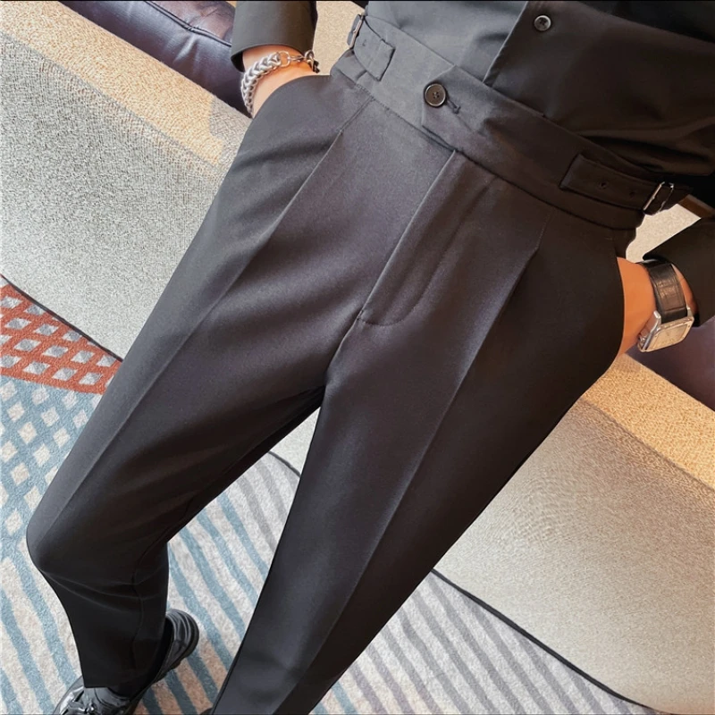 Temperament High Waisted Suit Pants for Men Solid Color Casual Business Dress Pants Versatile Wedding Office Social Trousers 38