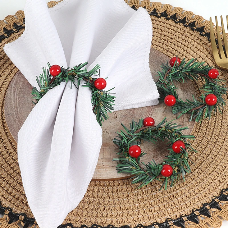 10PC Merry Christmas Red Berry Pine Needle Wreath Design Napkin Ring Christmas Table Decorations For Xmas Navidad Party Supplies