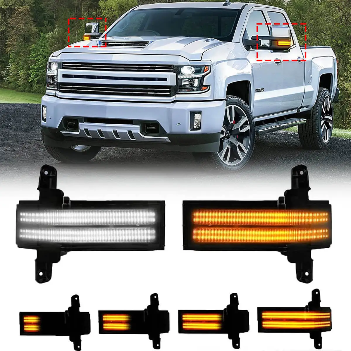 

White & Dynamic Amber LED Side Mirror Marker Lights Car Turn Signal lamp For Chevrolet Silverado GMC Sierra 1500 2500HD 3500HD