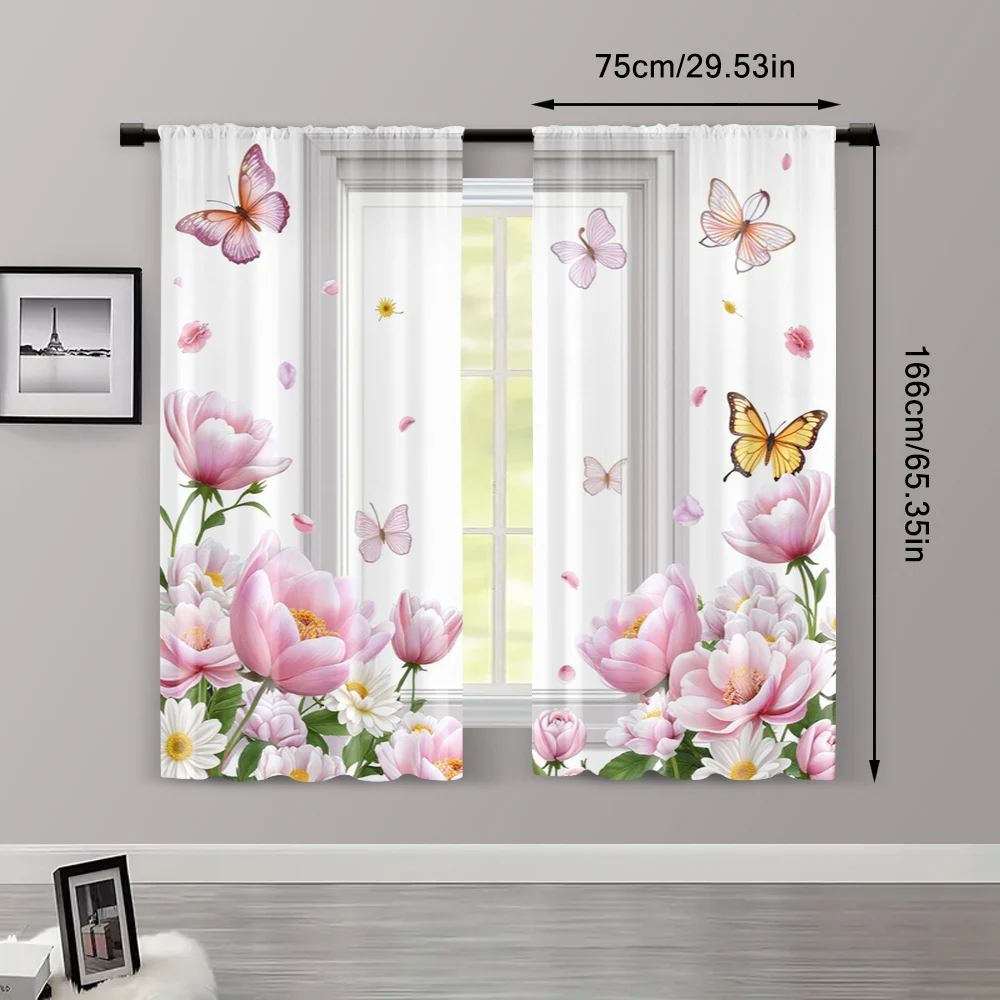 2pcs, Window Curtain Floral and Butterfly Print Polyester Easy Install (without rod) Versatile All Use for Bedroom & Living Room 3
