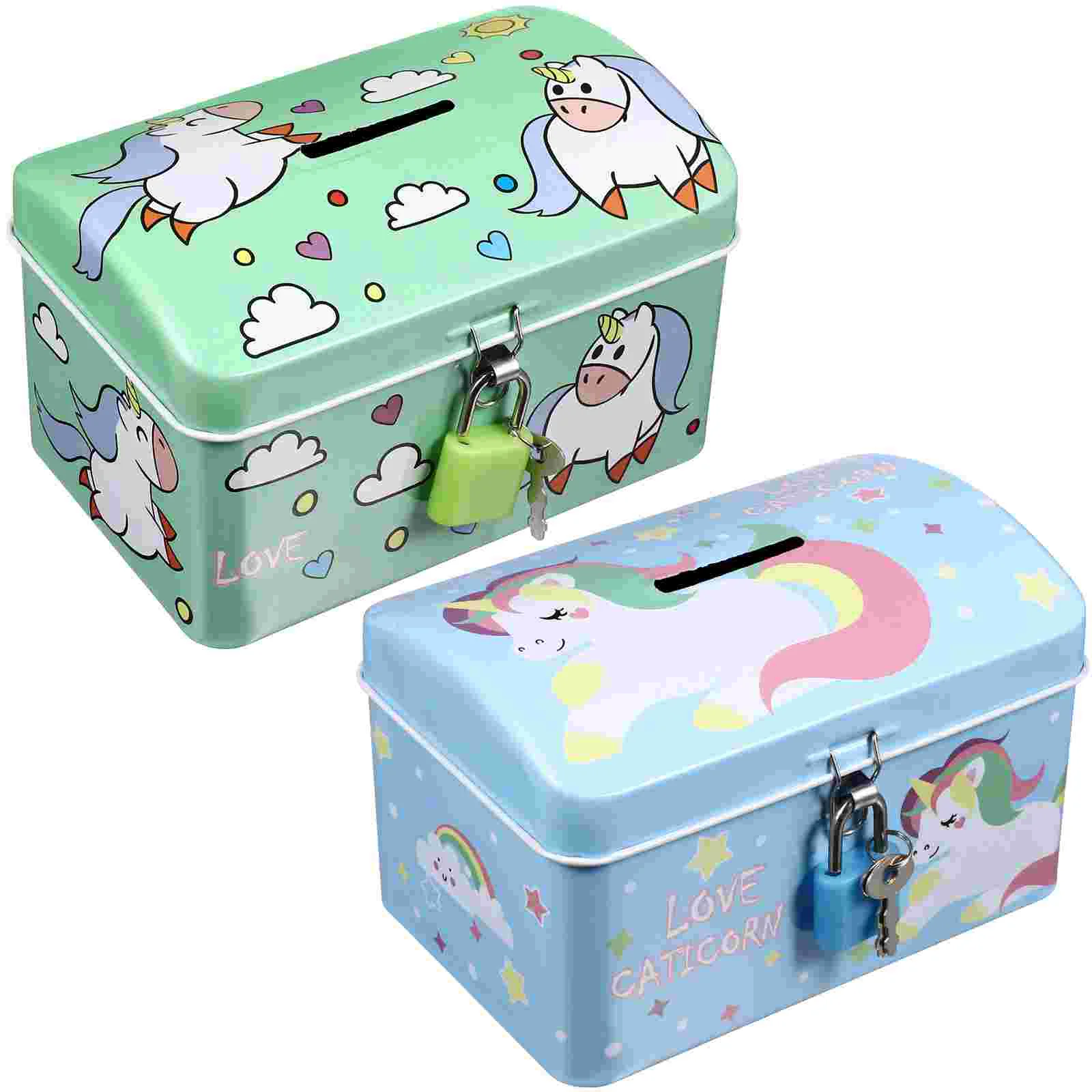 2 Pcs Kids Money Bank Creative Cartoon Unicorn Piggy Bank Adorable Saving Jar With Lock Iron Storage Box Home Decor Money Boxes 5