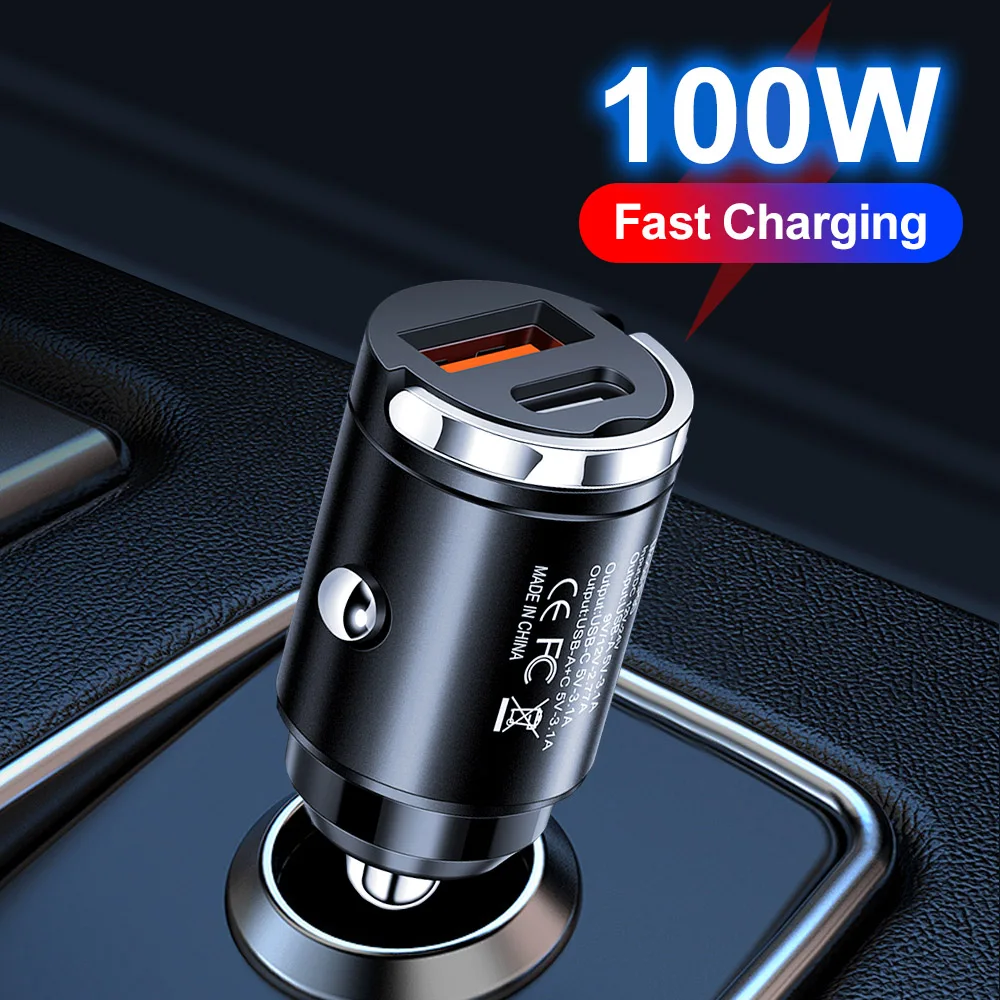 Mini 100W Car Charger PD Type C Dual Port Fast Charging For iphone Samsung Xiaomi QC 3.0 12-24V Lighter Quick Charge Car Charger BEST SELLERS