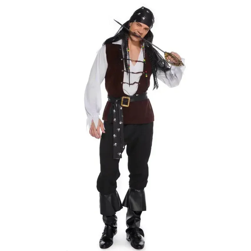 

Deluxe Men Skull Pirate Costume Halloween Wild Adult Captain Cosplay Clothing