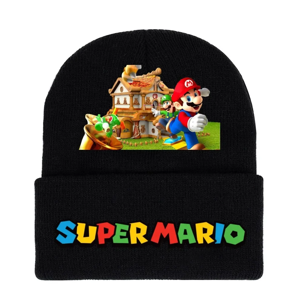 

New Mario Peripheral Knitted Hat Super Mario Black Printed Simple Woolen Hat Autumn and Winter Warm Ear Protection Hat