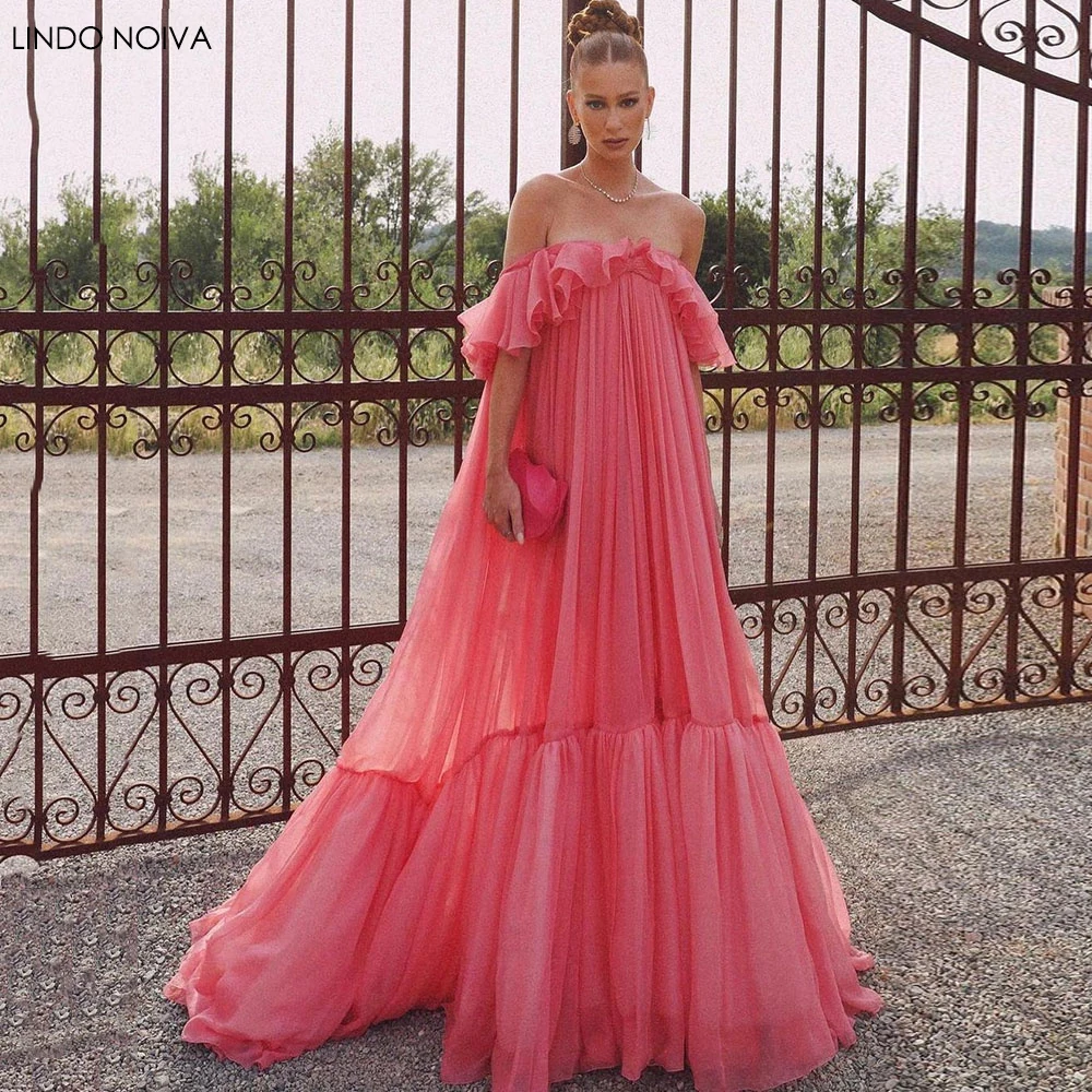 

Watermelon Red Chiffon Prom Dresses Off Shoulder A Line Tiered Evening Party Gowns vestidos de fiesta elegantes para mujer 2023