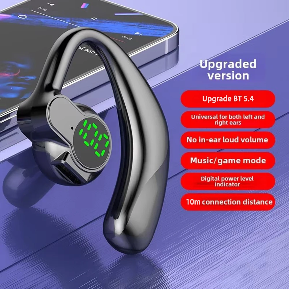 New 180°Wireless Headphone Bluetooth 5.4 Handsfree Noise Canceling Rotatable Sport Digital Display Earphones Single Ear Earhook 5