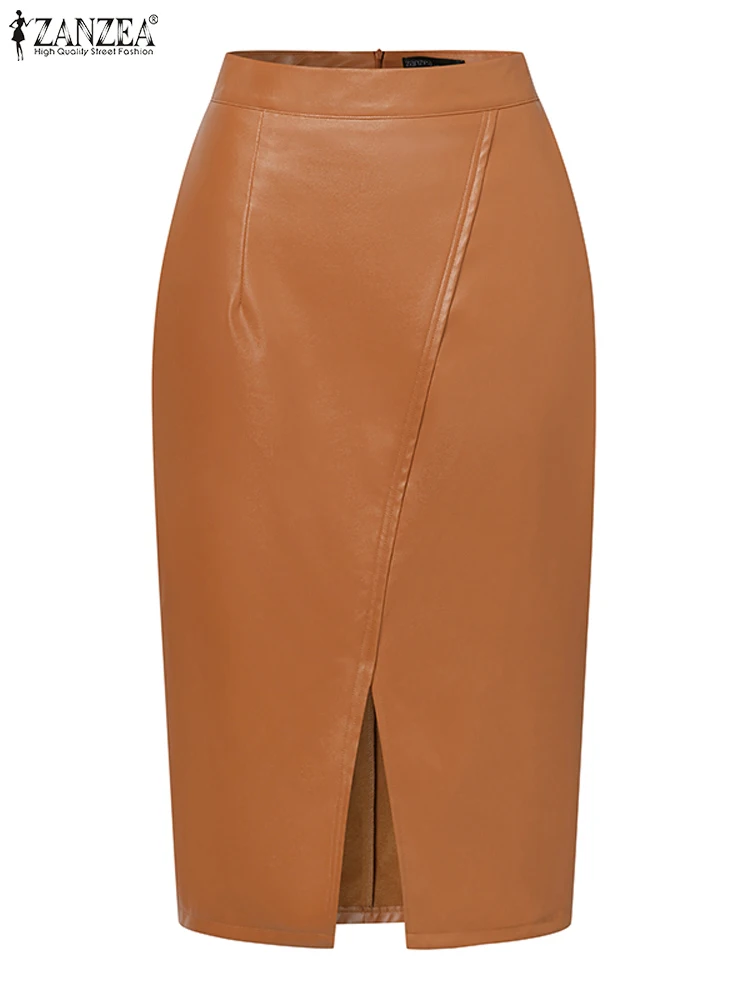 ZANZEA 2023 High Waist Long Faldas Autumn Front Slit Skirt Women Fashion Pu Leather Midi Skirts Female Korean OL Wrap Hips Jupe