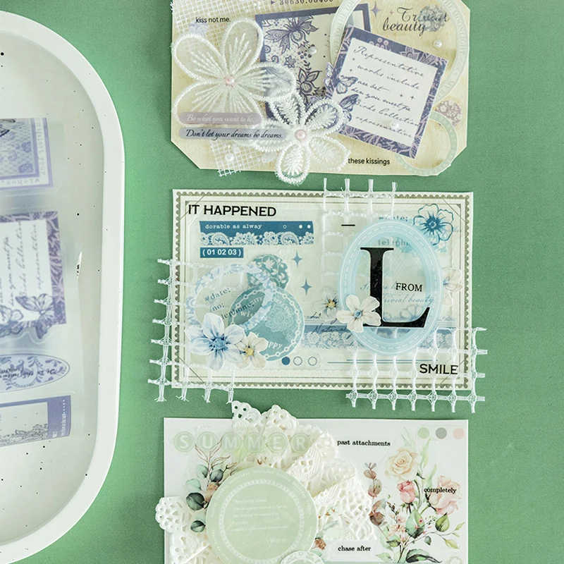 Mr.Paper 200cm/롤 레이스 플라워 아일랜드 시리즈 다이컷 무광 PET 와시 테이프, 빈티지 플로럴 데코 테이프 (스크랩북킹용)