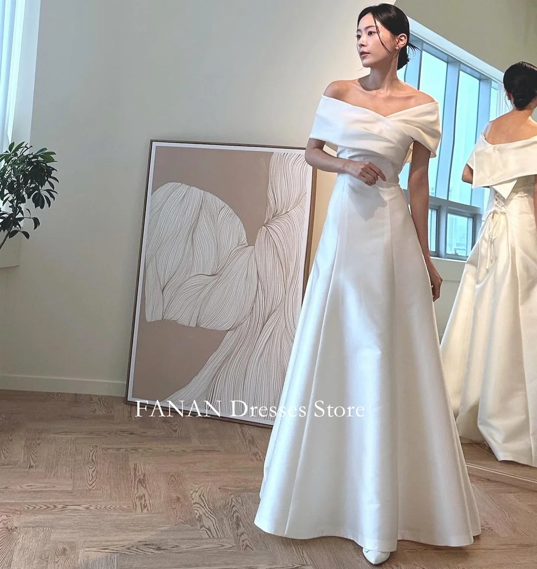 

FANAN Off Shoulder Korea Ivory Simple A-Line Wedding Dresses 웨딩드레스 Satin Short Sleeves Custom Made Pretty Bride Gowns Plus Size