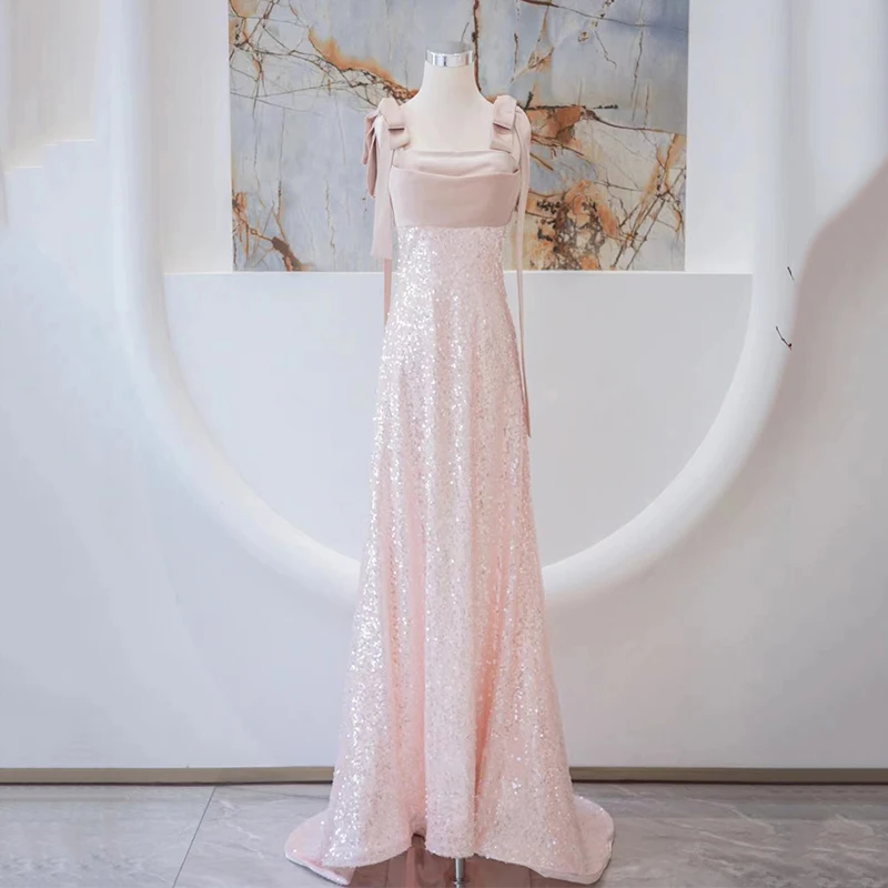 

Evening Dress Pink Elegant Mermaid Sleeveless Simple Strapless Floor-Length Backless Sequins Plus size Women Party Dresses XE014