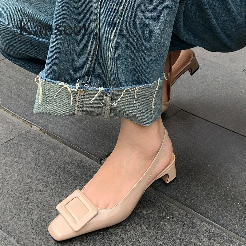 

Kanseet 2022 New Women Shoes Summer Square Toe Apricot Sheepskin Leather Party Dress 4.5cm Mid Heels Sandals For Lady Size 40
