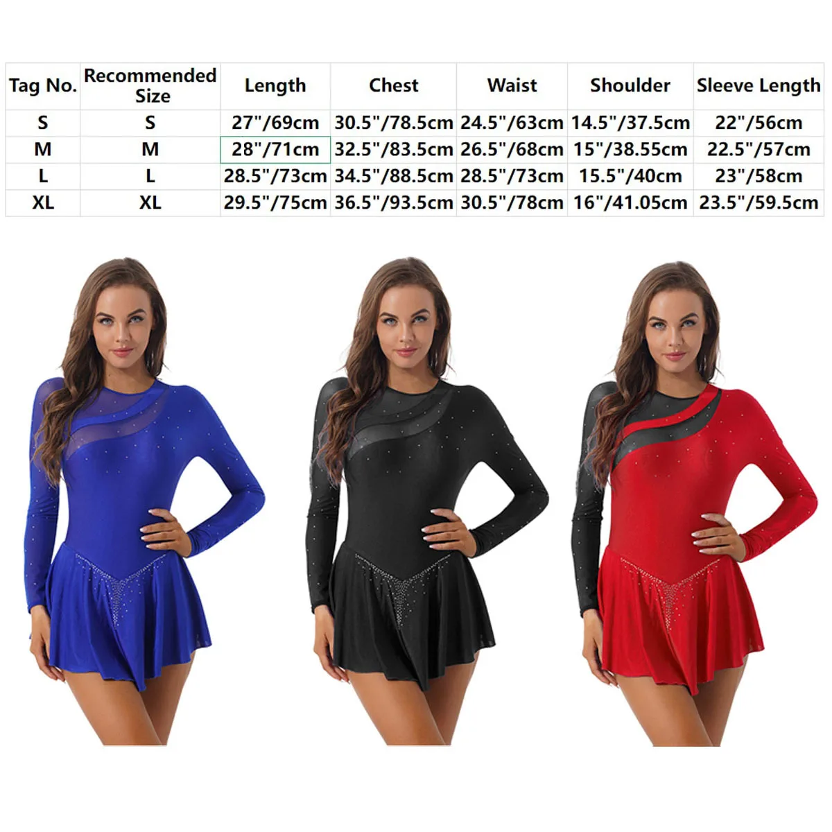 Women Figure Skating Dress Mock Neck Rhinestone Leotard Gymnastics Tulle Dress Ballet Dance Bodysuit Show Costume