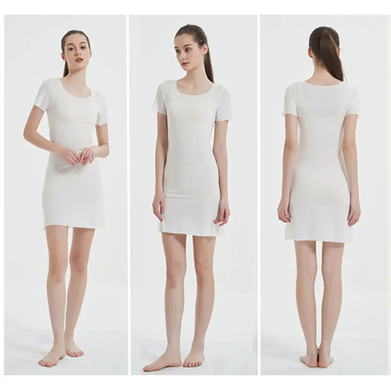 Plus Size Seamless Ice Silk Full Slips Dresses For Women Thin Summer Short Sleeve Mini Cool Petticoat Underkirt Sleepwear Dress women full slip dress