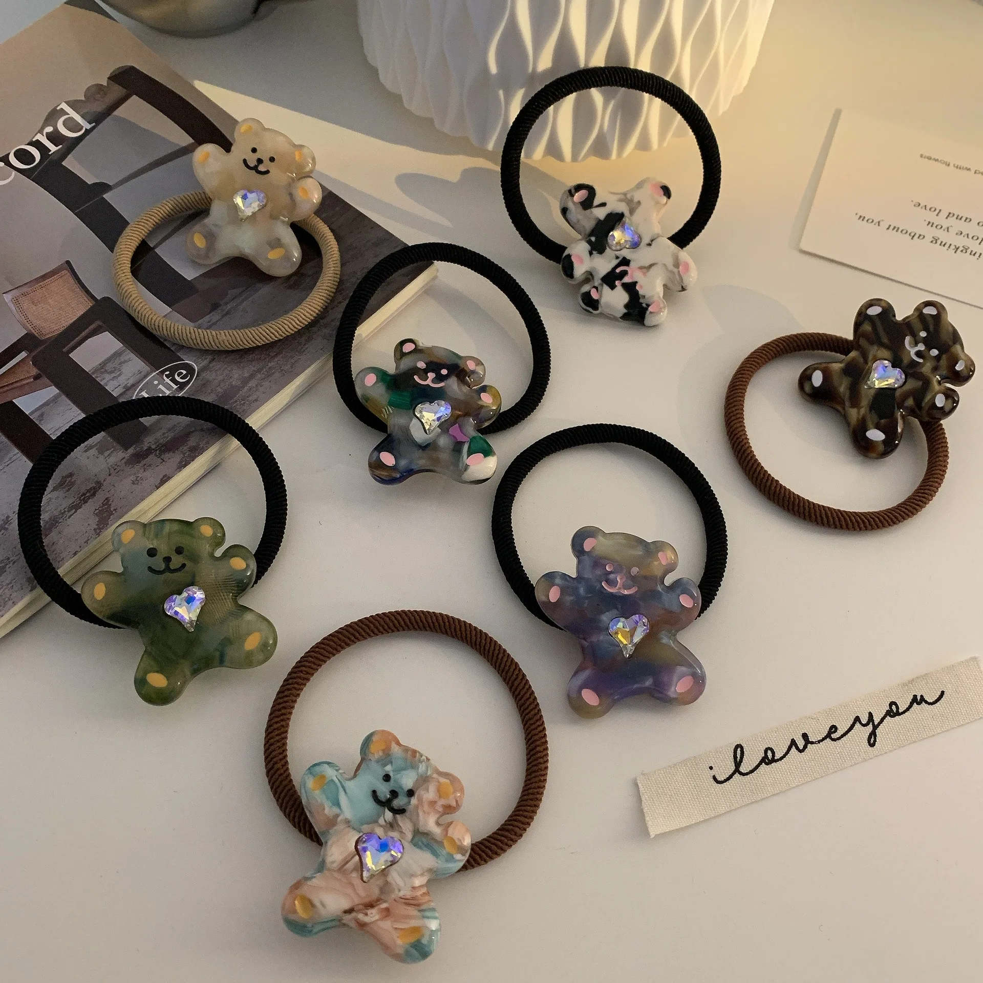 

Korean New Retro Animal Bear Love Heart Rhinestones Hair Rope Acetate Elastic Hair Ties Rope Bands Hair Accessories Wholesale