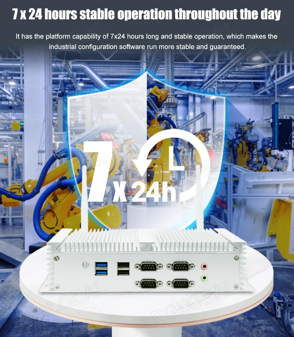 Eglobal Industrial Fanless Mini PC with I5 6300U, I7 10510U, Windows 7/8/10, VPN Router, VGA, HDMI, 4G, WiFi, BT Description Image.