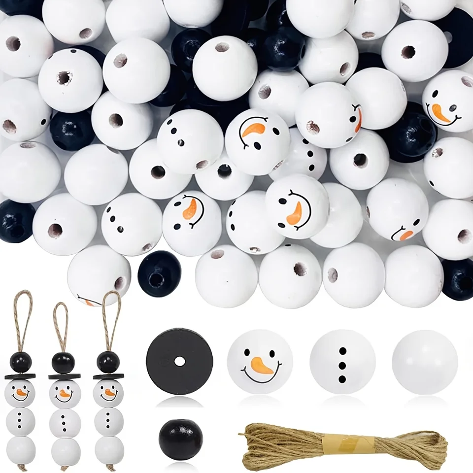 Kit DIY Perles Bonhomme De Neige – 50 Perles Bois + Cordes – Déco Hiver