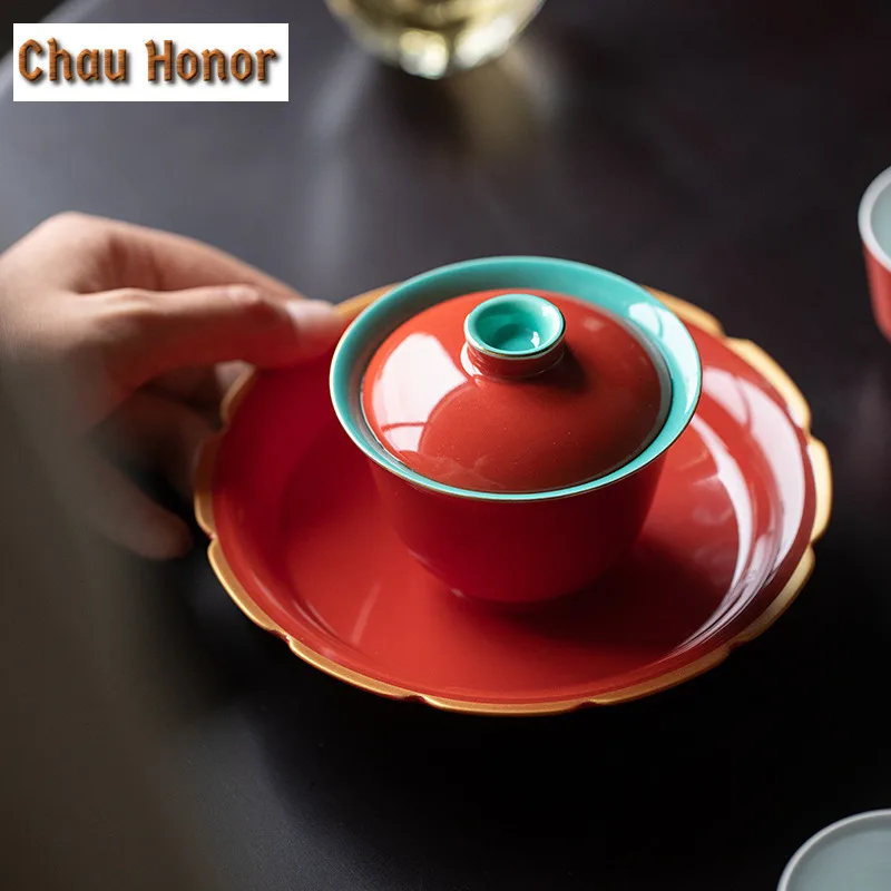 Boutique Palace Red Art Ceramic Kungfu Tea Tray Pot Bearing Household Chinese Style Porcelain Food Fruit Snack Plate Accessories