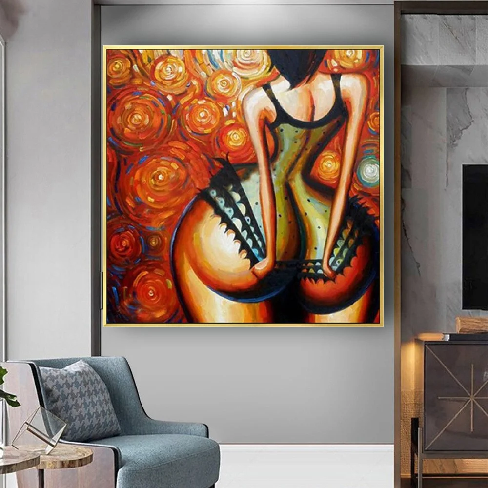 

100% Hand-Painted Woman Big Butt Orange Brown Figure Oil Painting Sexy Nude Canvas Picture Wall Decor Art Modern Life Paintings